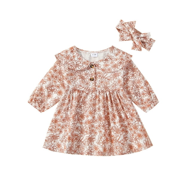 ZAXARRA Robe de Fête pour Bébé Fille Manches Longues Col Poupée Imprimé Floral Robe Trapèze avec Bandeau Tenue Mignonne d'Automne