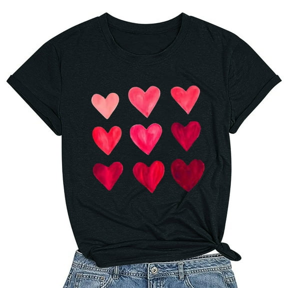 Pimelu Valentines Shirts for Women Womens Tops Valentine Shirts for Women Summer Plus Size Short Sleeve Basic Fit Tee Tops Ladies Fashion Heart Print Round Neck Blouses