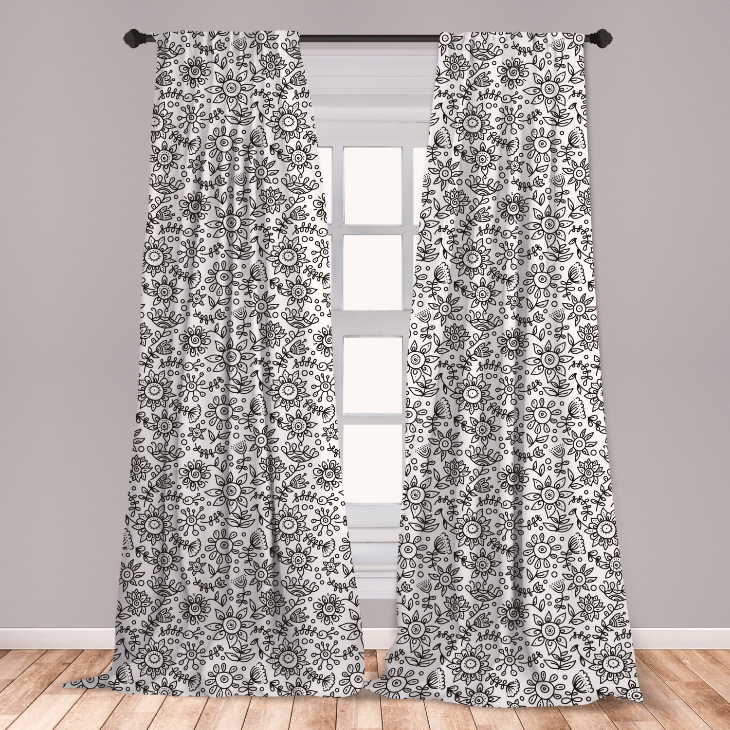 Black and White Curtains 2 Panels Set, Floral Composition Doodle Style