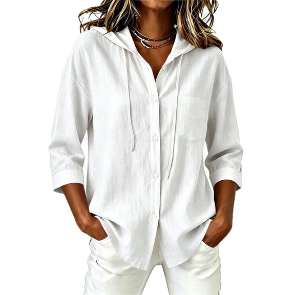 hotojiny Rash Guard for Women Sun Protection Clothing Button down Hoodie Trendy 3/4 Sleeve Beach Shirts with Drawstring