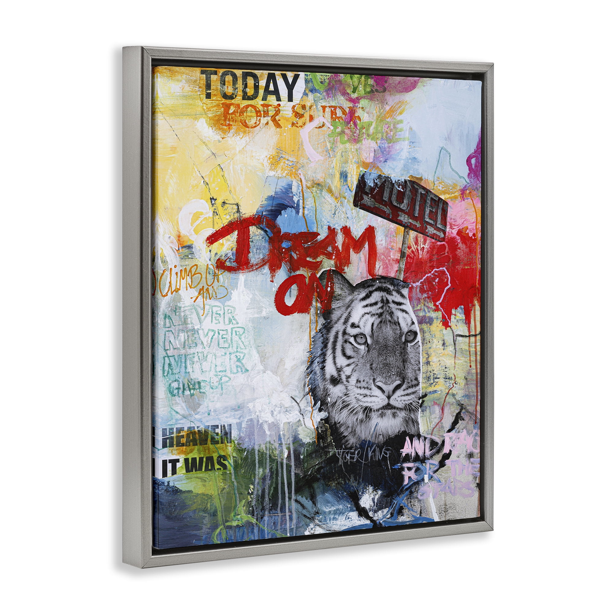 Stupell Industries Inspiring Graffiti & Tiger Abstract Painting Gray Floater Framed Canvas Art Print Wall Art, 17 x 21