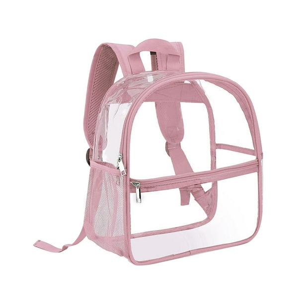 Mochila transparente de PVC, impermeable, resistente, pequeña, transparente Bolsillo delantero rosa.