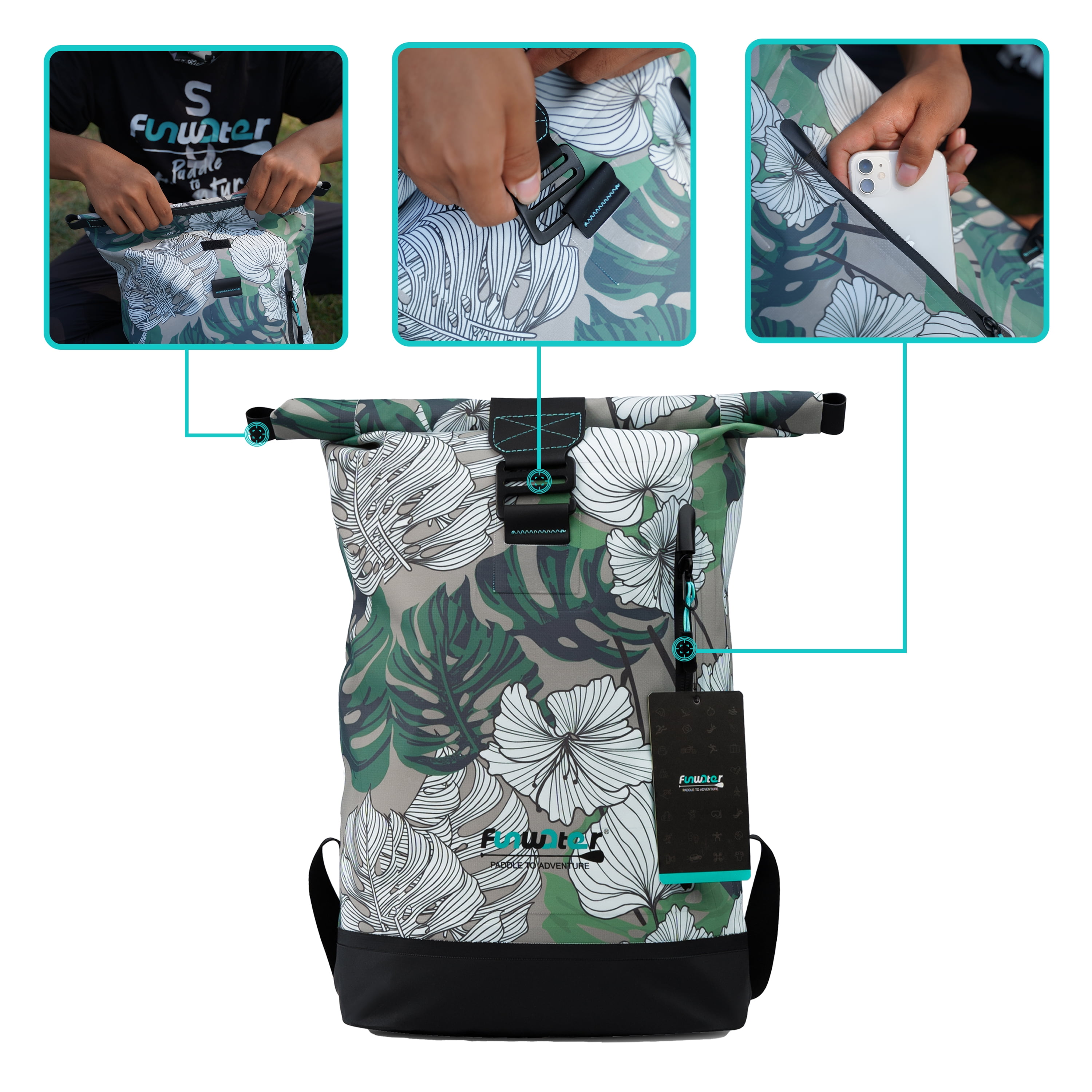 FUNWATER Backpack Waterproof Bag (Leaf Print), 13L Roll Top Green Grey White,Sports Dry Bag, Sealed Zipper Bag for Kayaking, Camping. Unisex