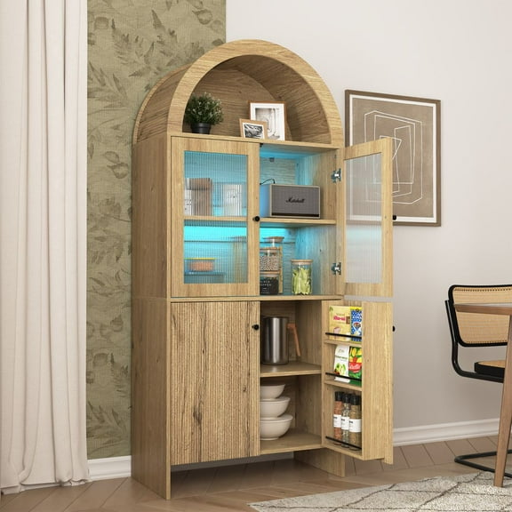 MINESTIA 69'' Tall Arched Bookcase, 69'' Fluted Storage Cabinet with Led Light and Glass Door