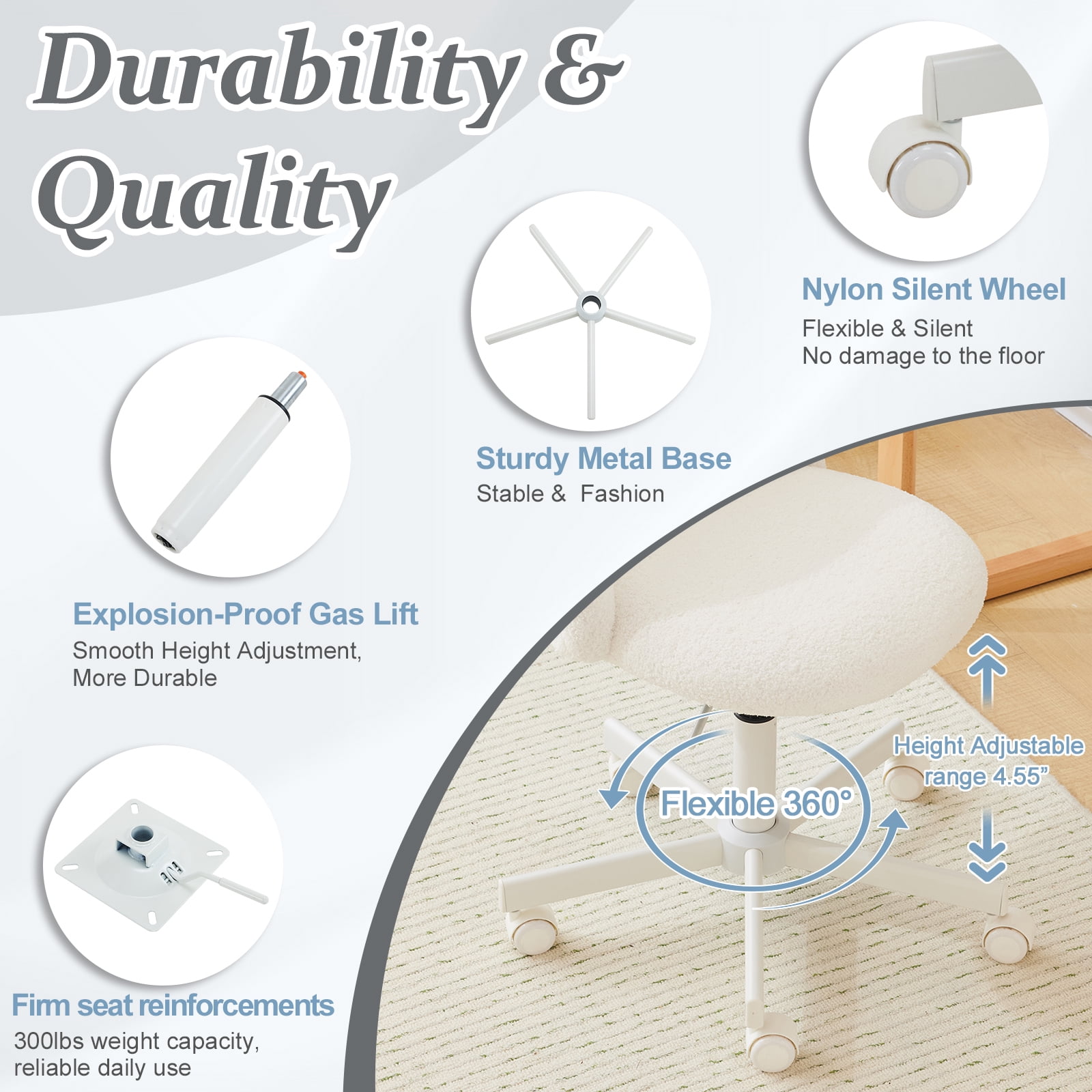 Ktaxon Armless Home Office Desk Chair Cute Mid Back Vanity Stool Teddy Velvet Swivel Task Chairs with Wheels White