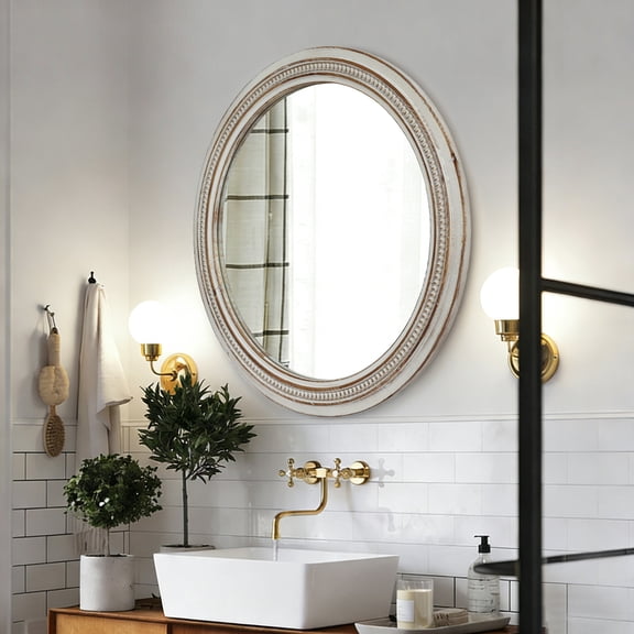 GDF Studio 26.32" Vintage Round Wall Mirror, Solid Wood Frame with Ornate Beaded Trim, Distressed White