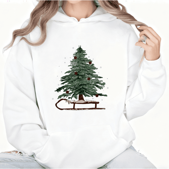 Christmas Tree Print Hoodie White Graphic Sweatshirt S-2XL Winter Holiday Tops