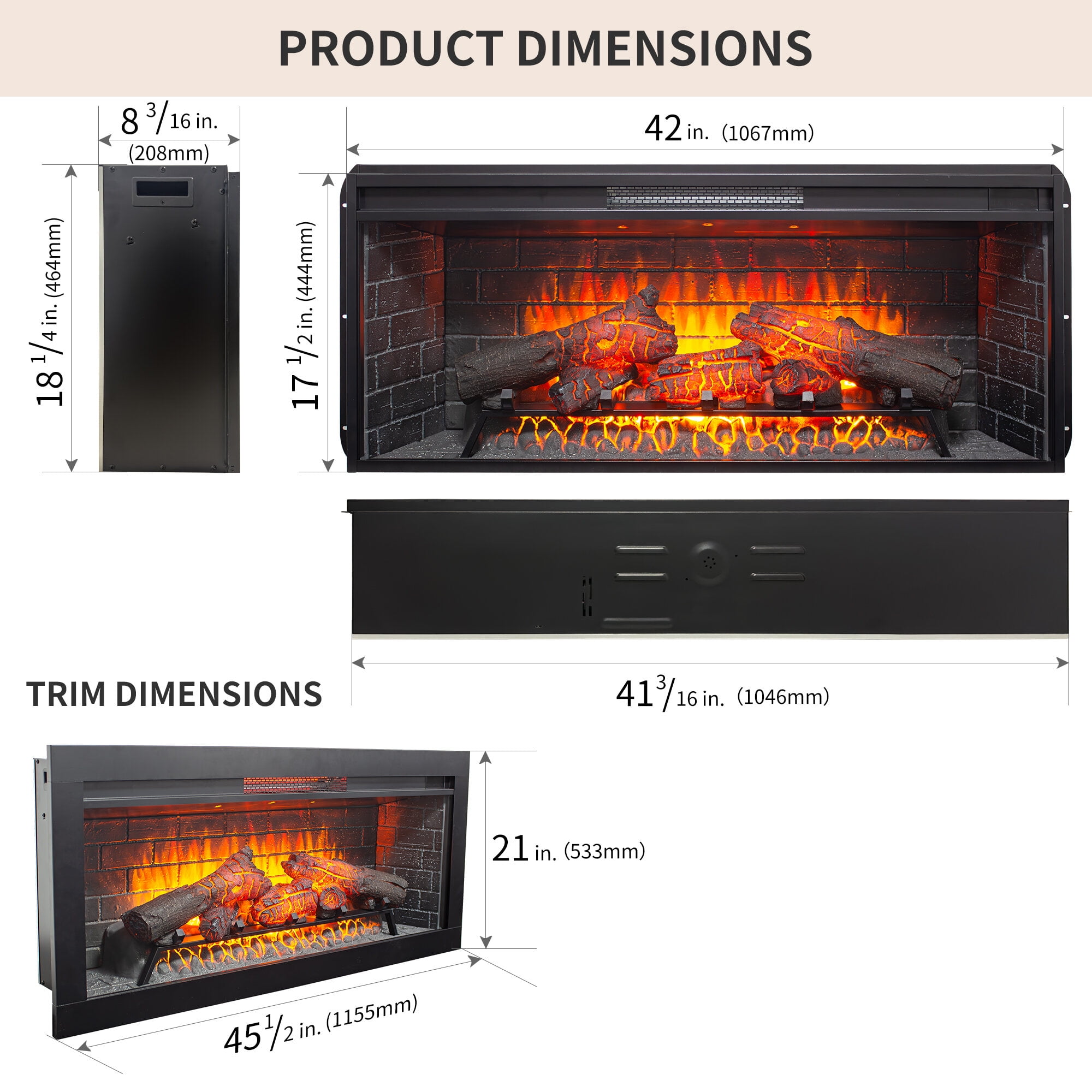 Electric Indoor Fireplaces, 42 inch Infrared Electric Fireplace with Removable Trim kit Insert, Touch Panel Home Decor Heater, Antique Black Indoor Fireplaces,Fireplace Tools Set