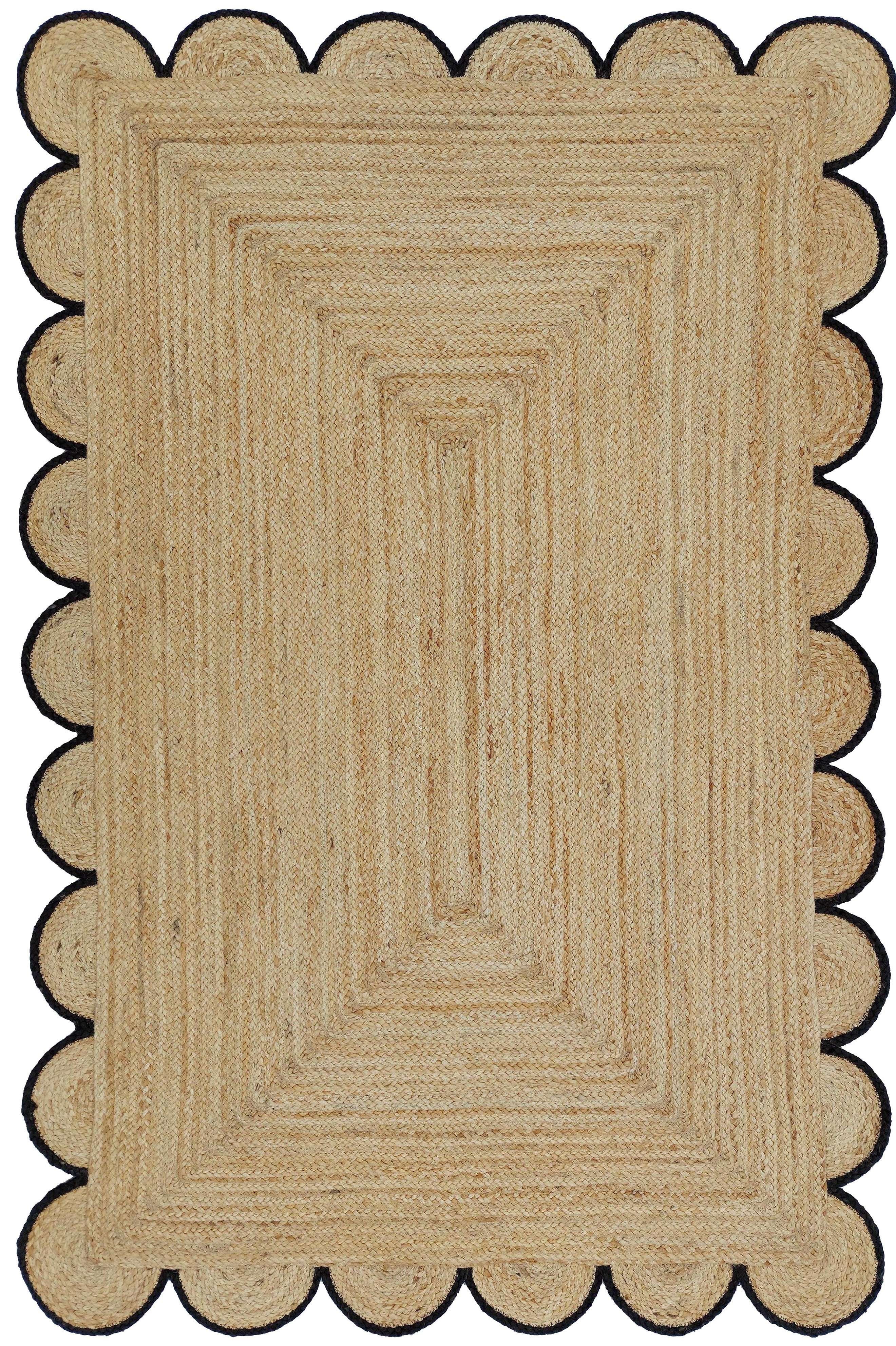 Jute Area Rug For Home And Living Room Décor Rectangular Scalloped Natural Jute Area Rug Carpet Black 2' x 16' BY KALVEERA