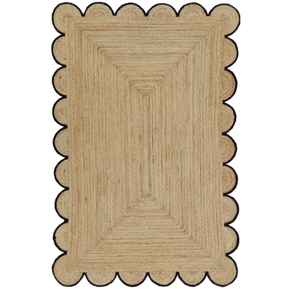 Jute Area Rug For Home And Living Room Décor Rectangular Scalloped Natural Jute Area Rug Carpet Black 2' x 6' BY KALVEERA