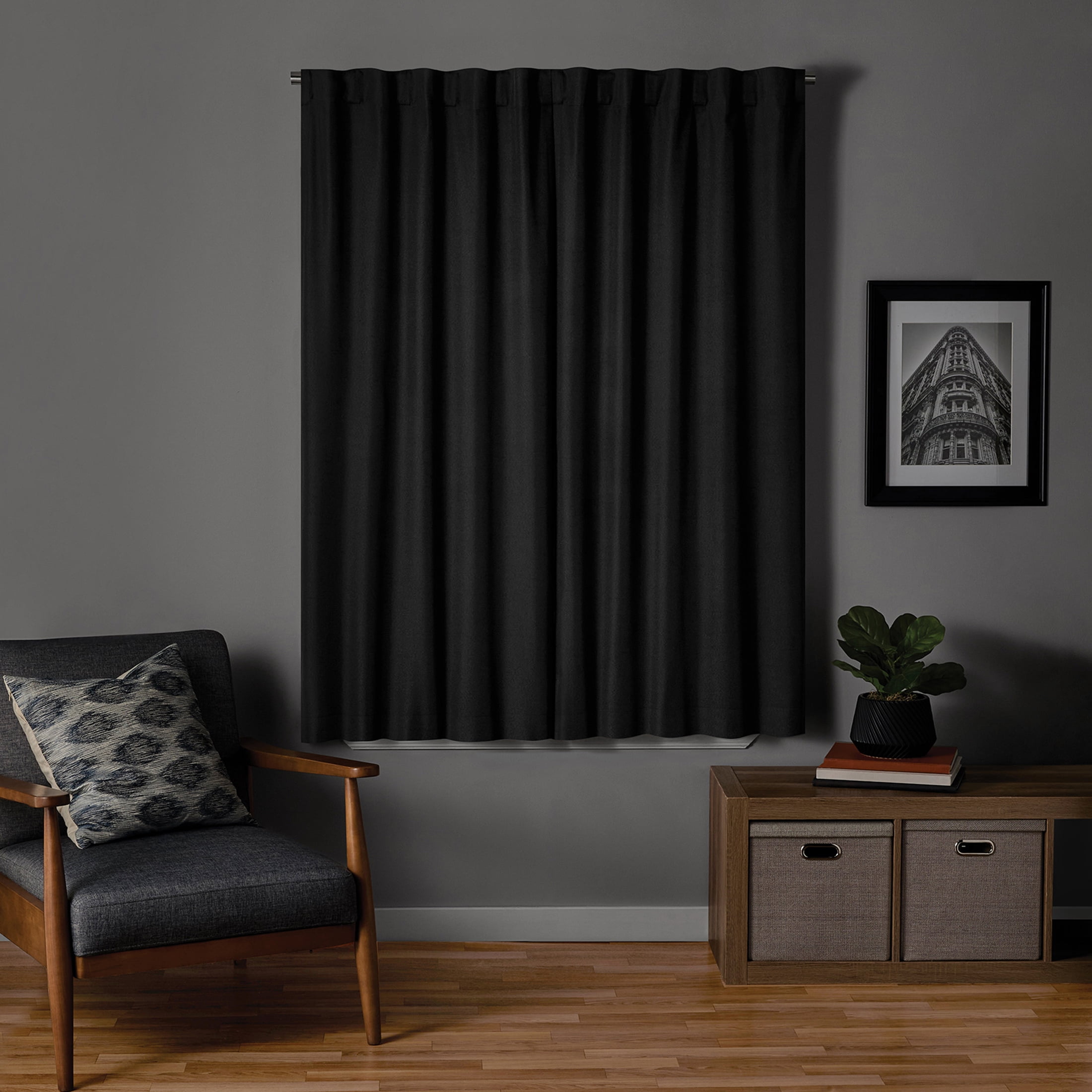 Mainstays Black Solid Blackout Rod Pocket with Back Tabs Curtain Panel Pair, Set of 2, 30" W x 63" L