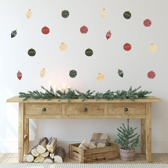 Decalcomania Christmas Ornaments Wall Decals - Set of 28 Rustic Farmhouse Ornament Stickers Winter Christmas Decorations Removable Peel and Stick Indoor Decor