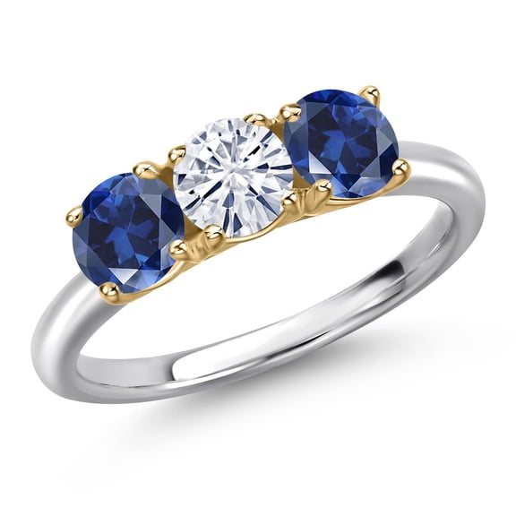 Gem Stone King 925 Silver and 10K Yellow Gold White Moissanite and Blue Created Sapphire Engagement Ring for Women | 1.70 Cttw | Round 5MM | Gemstone Birthstone | Size 5
