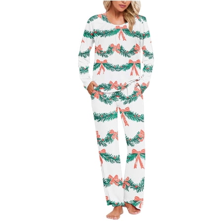 asdoklhq Warm Pajamas for Women Ladies Gradient Printed Casual Top Pants Pajama Set Green 2X