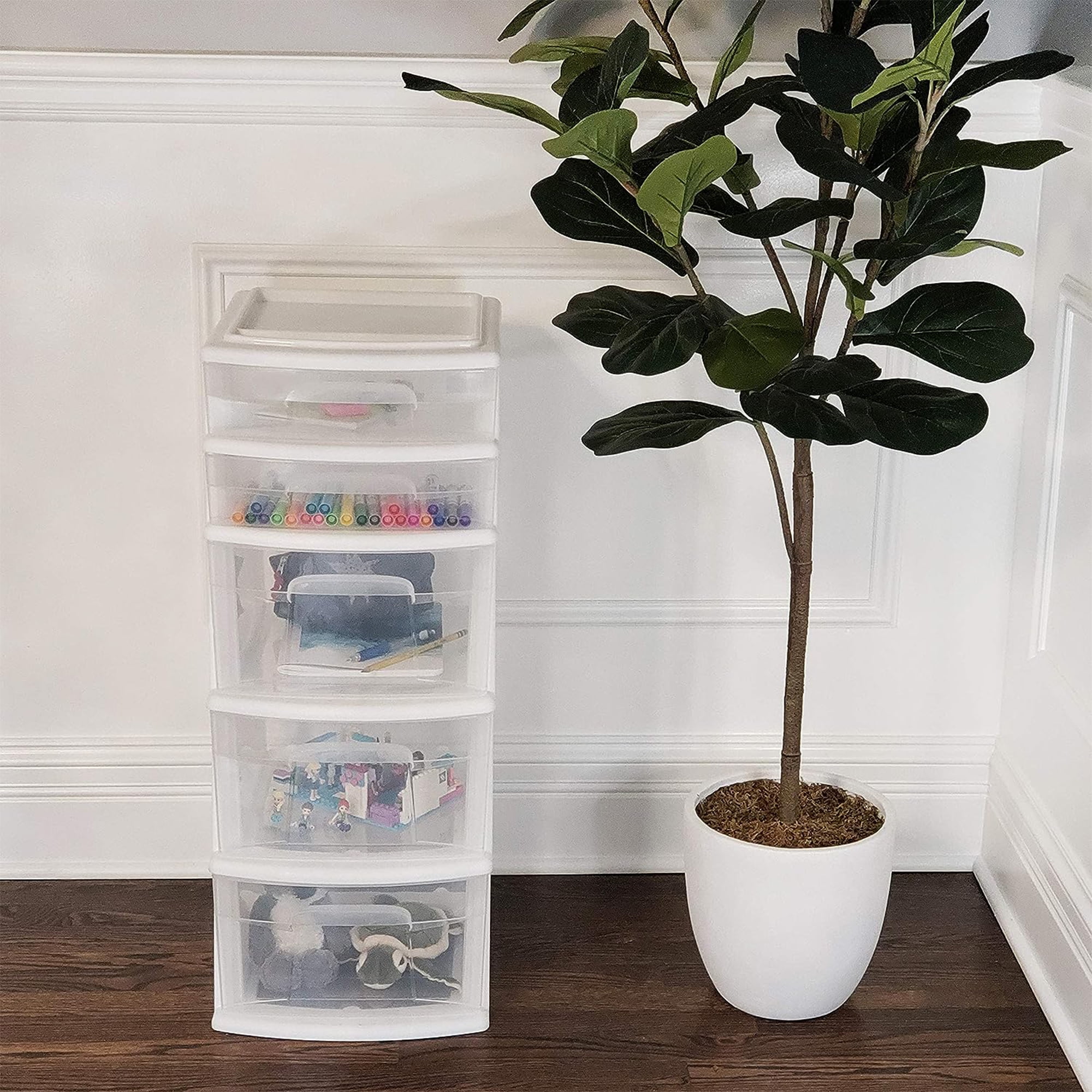 Homz Plastic 5 Drawer Home Storage Container Tower, White Frame (2 Pack)