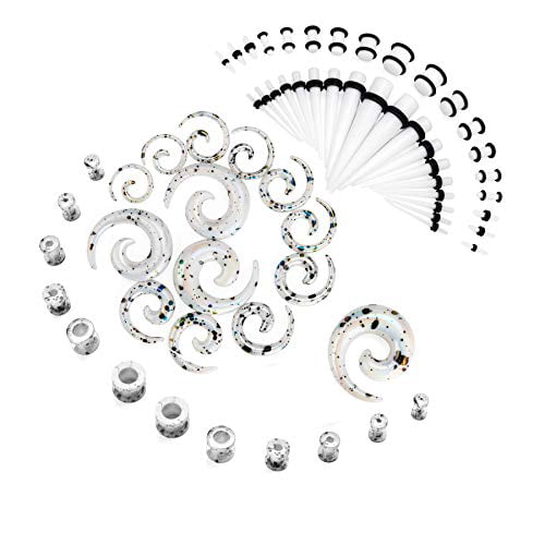 JDXN 64 PCS Acrylic Spot Gauge Kit Spiral Tapers Tunnels Plugs 14G-00G Ear Stretching Starter Set Jewelry