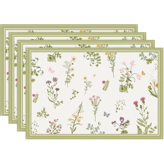 Floral Placemats Set of 4, 12x18 Inch Vintage Flower Butterfly Seasonal Spring Kitchen Dinning Table Mats Washable Place Mats for Indoor Outdoor Home Party Decor