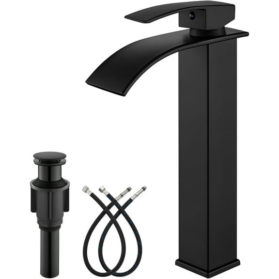 Modern Black Tall Bathroom Vessel Faucet Single Handle Mixer Tap W/ Pop Up Drain