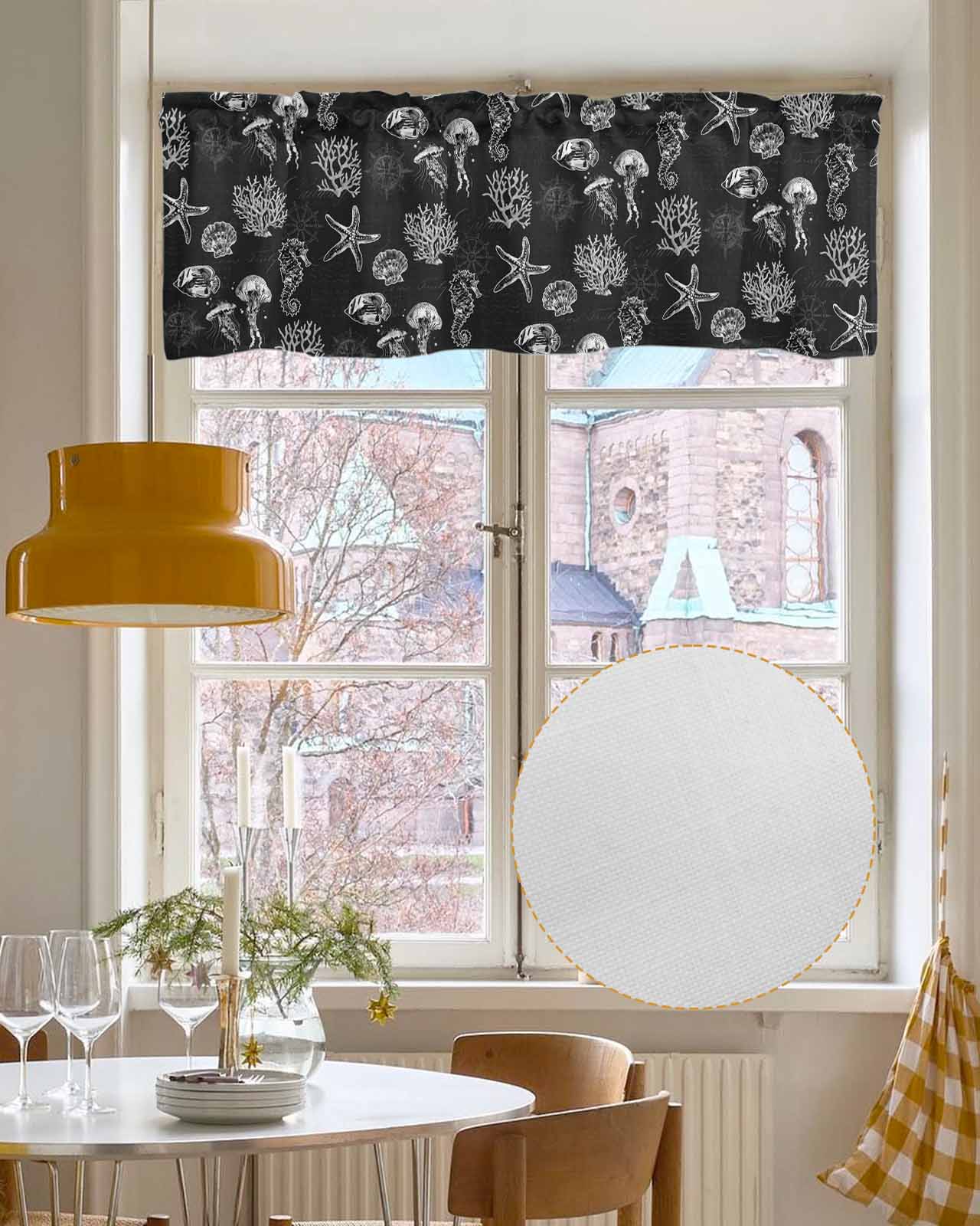 Black Coastal Kitchen Valances for Windows Farmhouse Linen Window Valance Curtain for Living Room Window Treatment Nautical Starfish Jellyfish Seahorse Valance Rod Pocket Topper Drape, 42 x 18 Inch