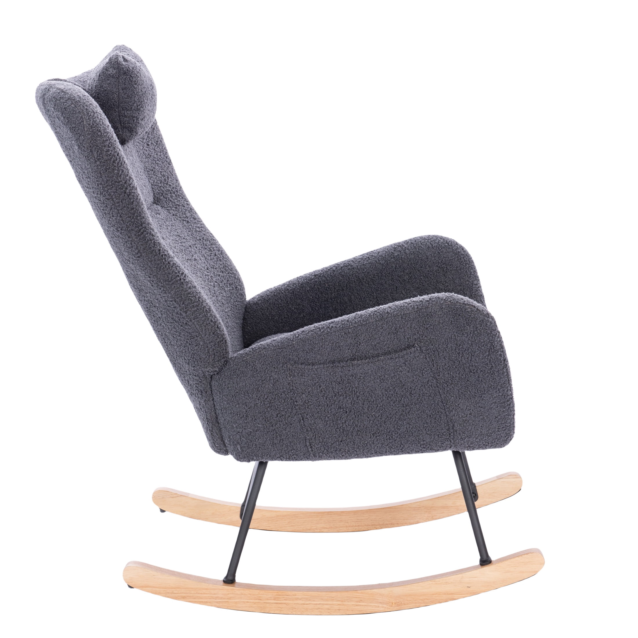 PORKISS Modern Rocking Chair, Upholstered Teddy Fabric Accent Chairs with High Backrest, Glider Rocker Comfortable Armchair with Padded Seat for Living Room Bedroom Playroom, Grey