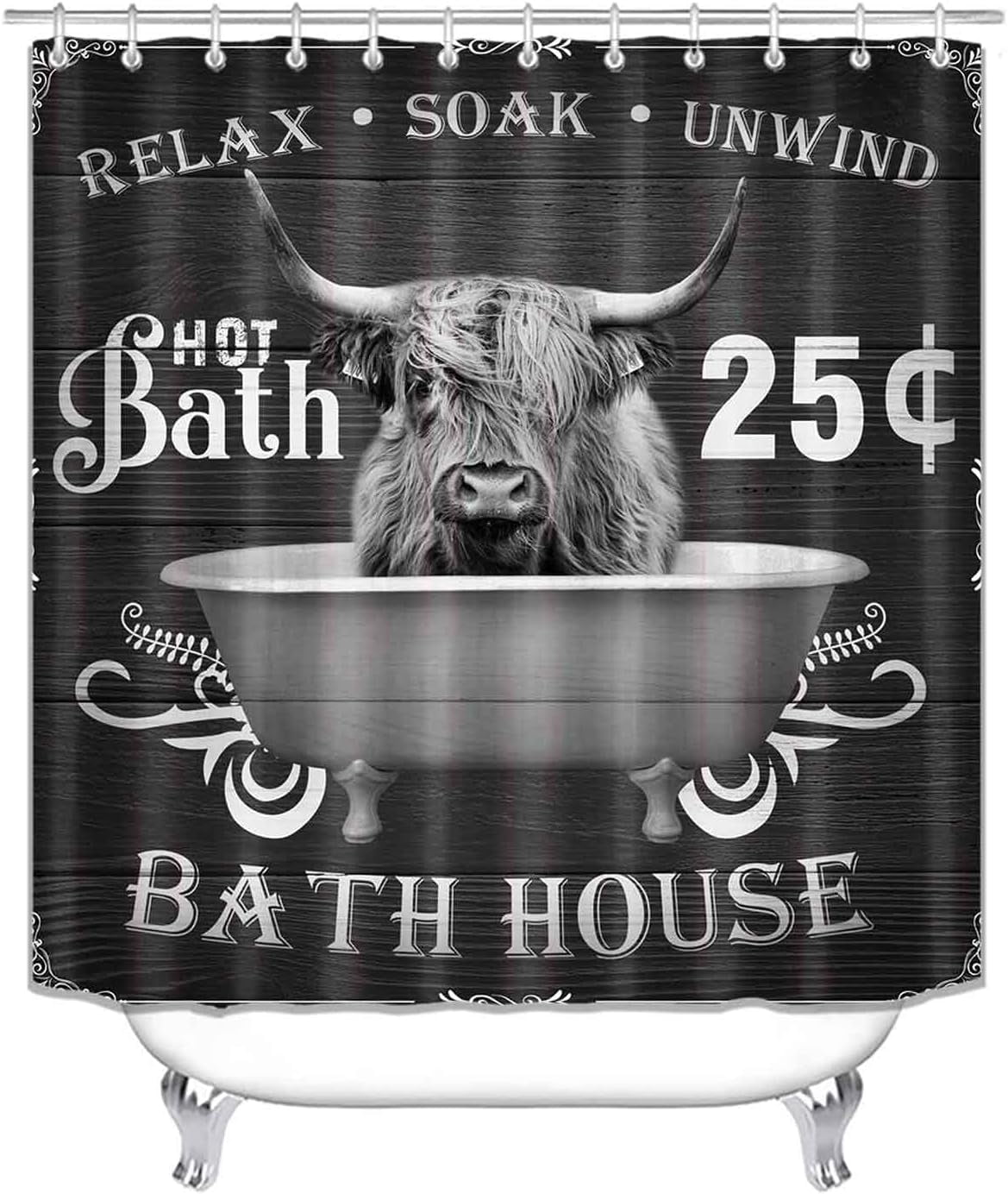 4PCS Funny Highland Cow Shower Curtain Set, Waterproof White Fabric Shower Curtain, Non-Slip Bath Mat Bathroom Rugs Sunflower Floral Farm Animal Western Country Rustic Farmhouse Bathroom Decor