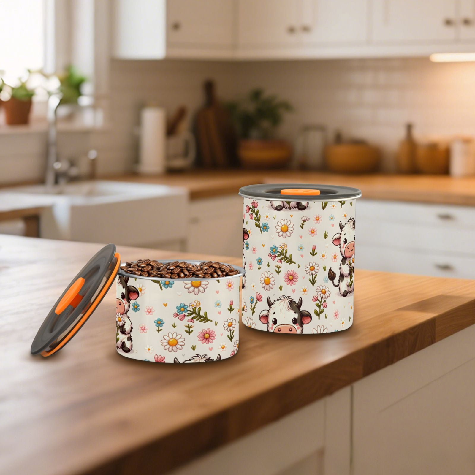 Cute Cow Daisy Flower Airtight Coffee Bean Canister 30oz Food Storage Containers with Lids For Gournd, Tea, Sugar, Flour, Rice, Cereal, Candy Cookie Jar