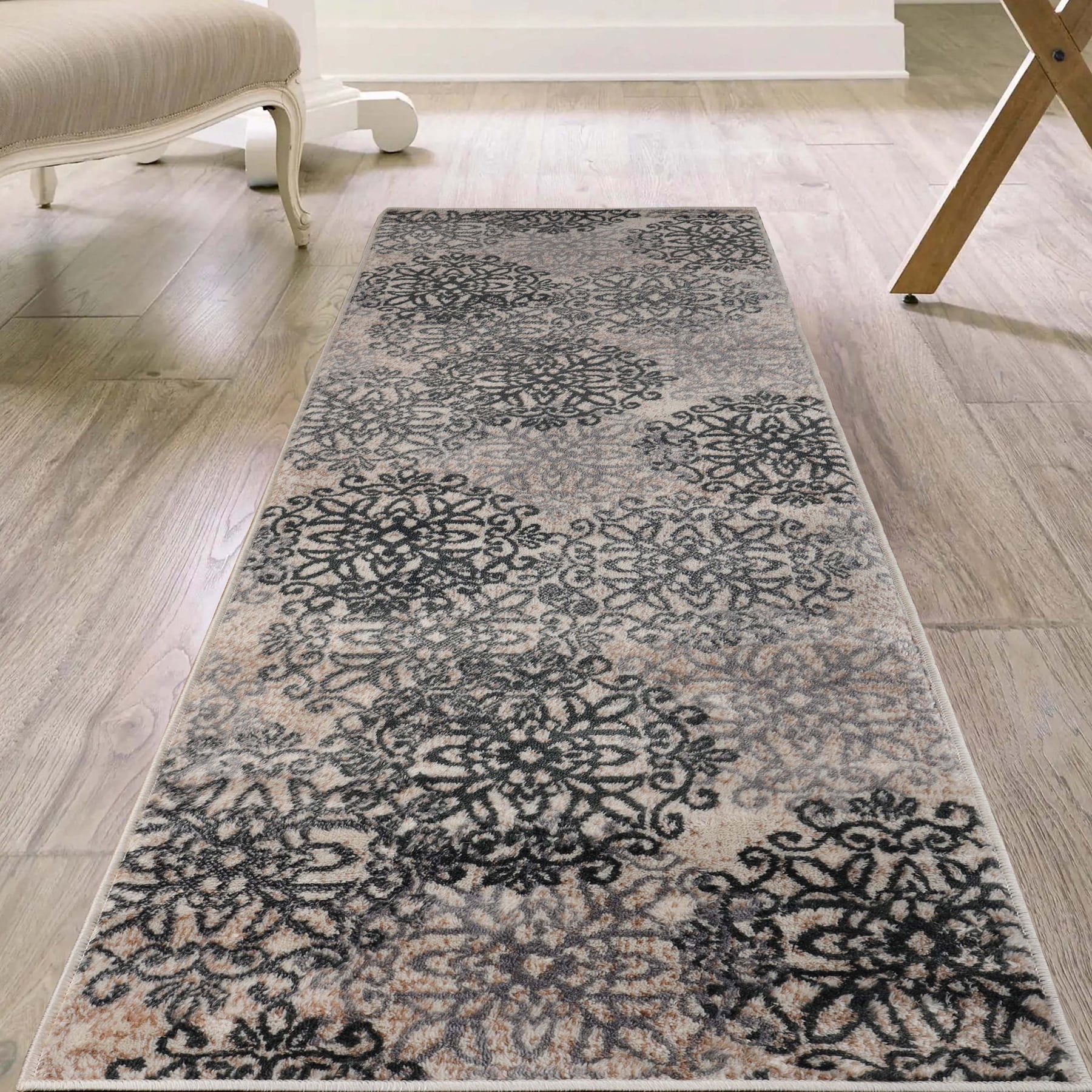 Superior Modern Floral Scroll Pet and Kid-Friendly Indoor Runner Rug, 2'7"x12', Oatmeal