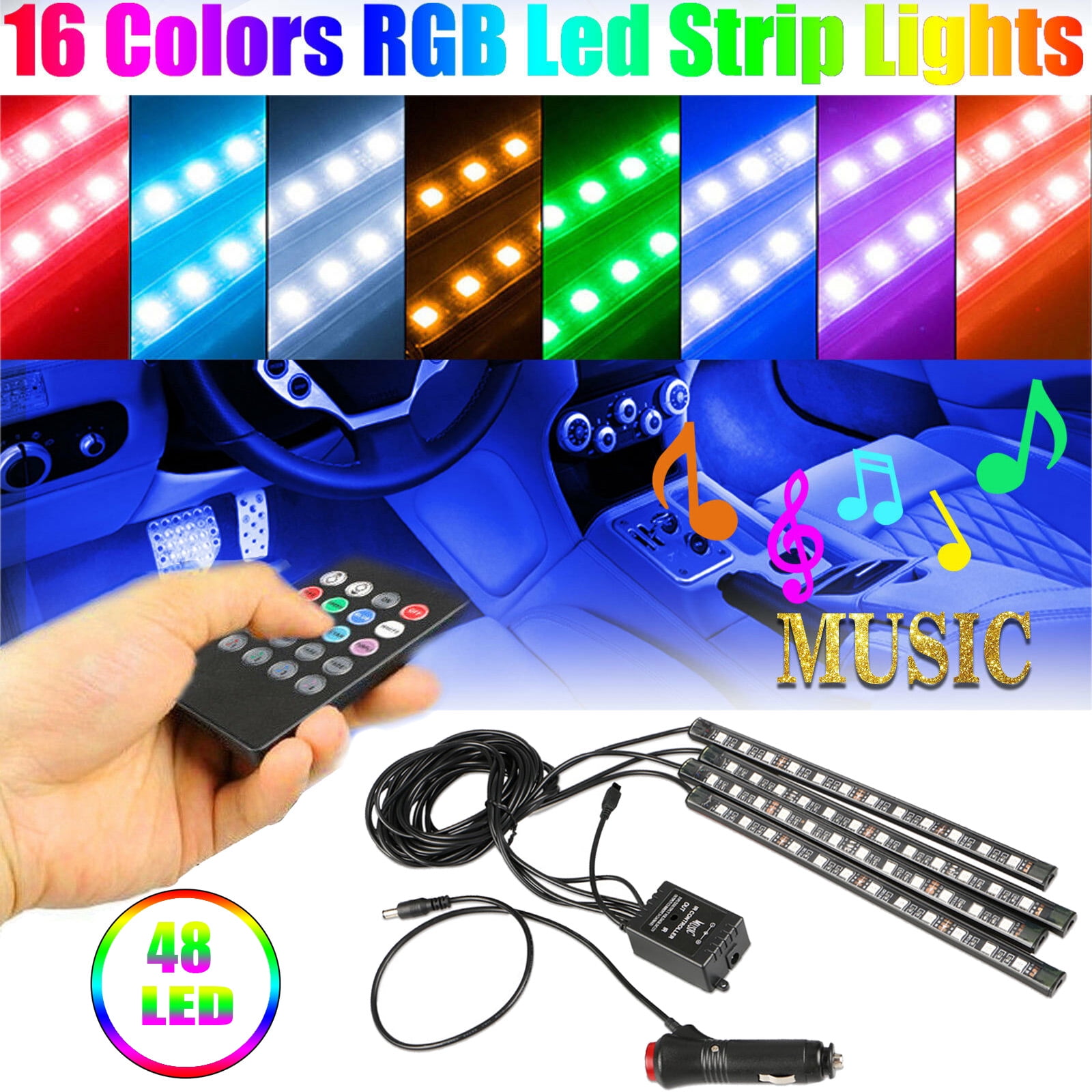 Car Led RGB Strip Lights 48 LEDs Disco Lights 3pcs Plug Adapters Multi Color Music Under Dash Lighting Kit with Sound Active Function with Car Charger and USB DC 12V Interior Car Lights 