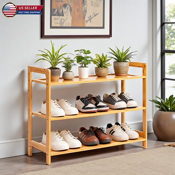 Hassch 3-Tier Bamboo Shoe Rack, Wooden Shoes Organizer for Entryway & Closet, 26.77"W Free Standing Storage Shelf for Front Door & Small Spaces, Natural
