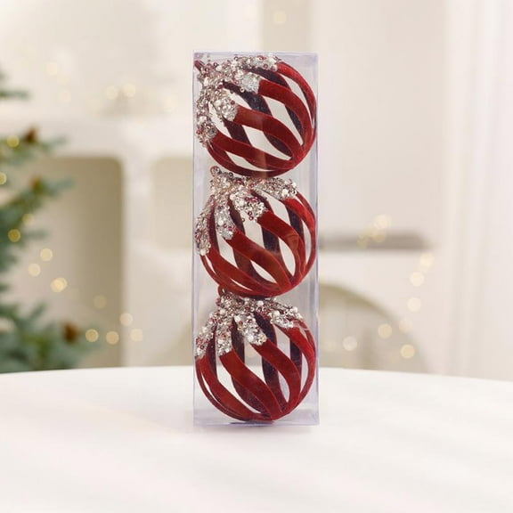 YOHAVEN 3PC 3" Wine Red Velvet Hollow Christmas Balls Elegant Tree Ornaments for Holiday Decorations, Festive Hanging Decor for Christmas Tree Wreath Centerpiece Christmas Lights