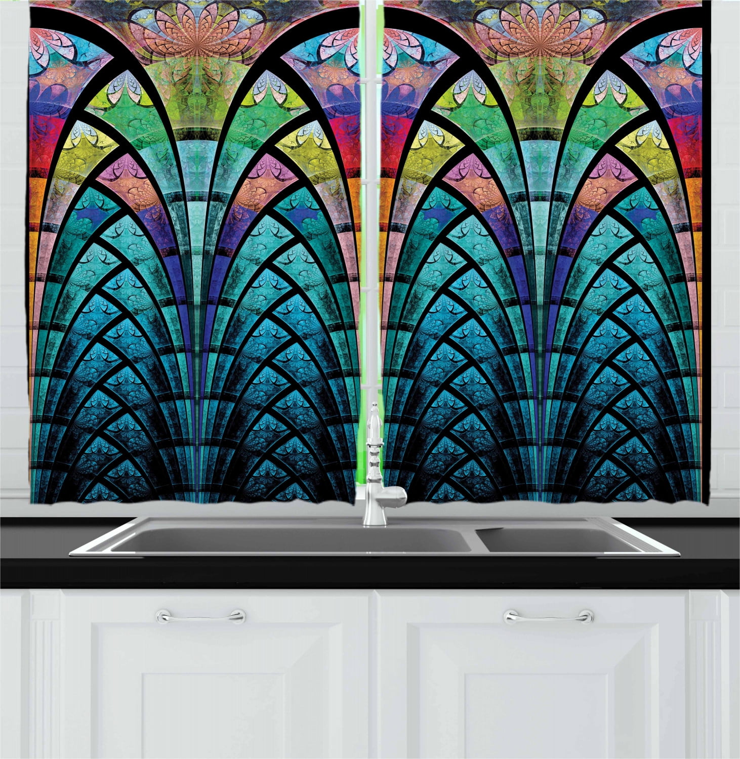 Abstract Curtains 2 Panels Set, Curves Pattern with Weathered Colors