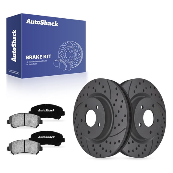 AutoShack Front Brake Rotors & Ceramic Pads for Nissan, Maxima 2009-2014, 2016-2020, FWD V6 3.5L - Coated Drilled & Slotted - Black Matte Finish - BlackShield - 12.59" (319.8 mm), 5-Lug