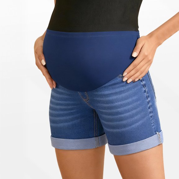 Maternity Denim Shorts Summer Pregnancy Over Belly Stretch Comfortable Casual Wear With Distressed Holes Thin Fabric