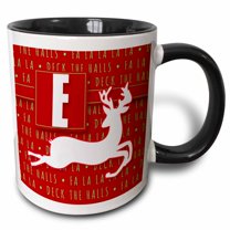 3drose, Letter E Monogram Christmas White Reindeer Deck the Halls Theme, 15oz Two-tone Black Mug