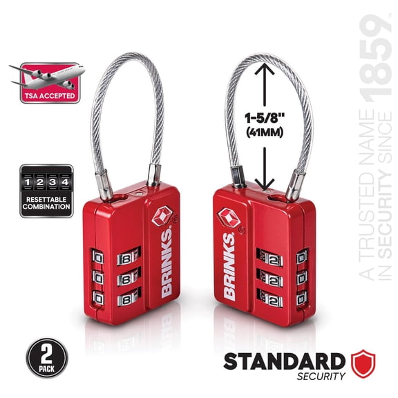 Brinks 3-Dial Combination TSA Luggage Padlock with 1-7/10in Steel Cable Shackle, 2-Pack