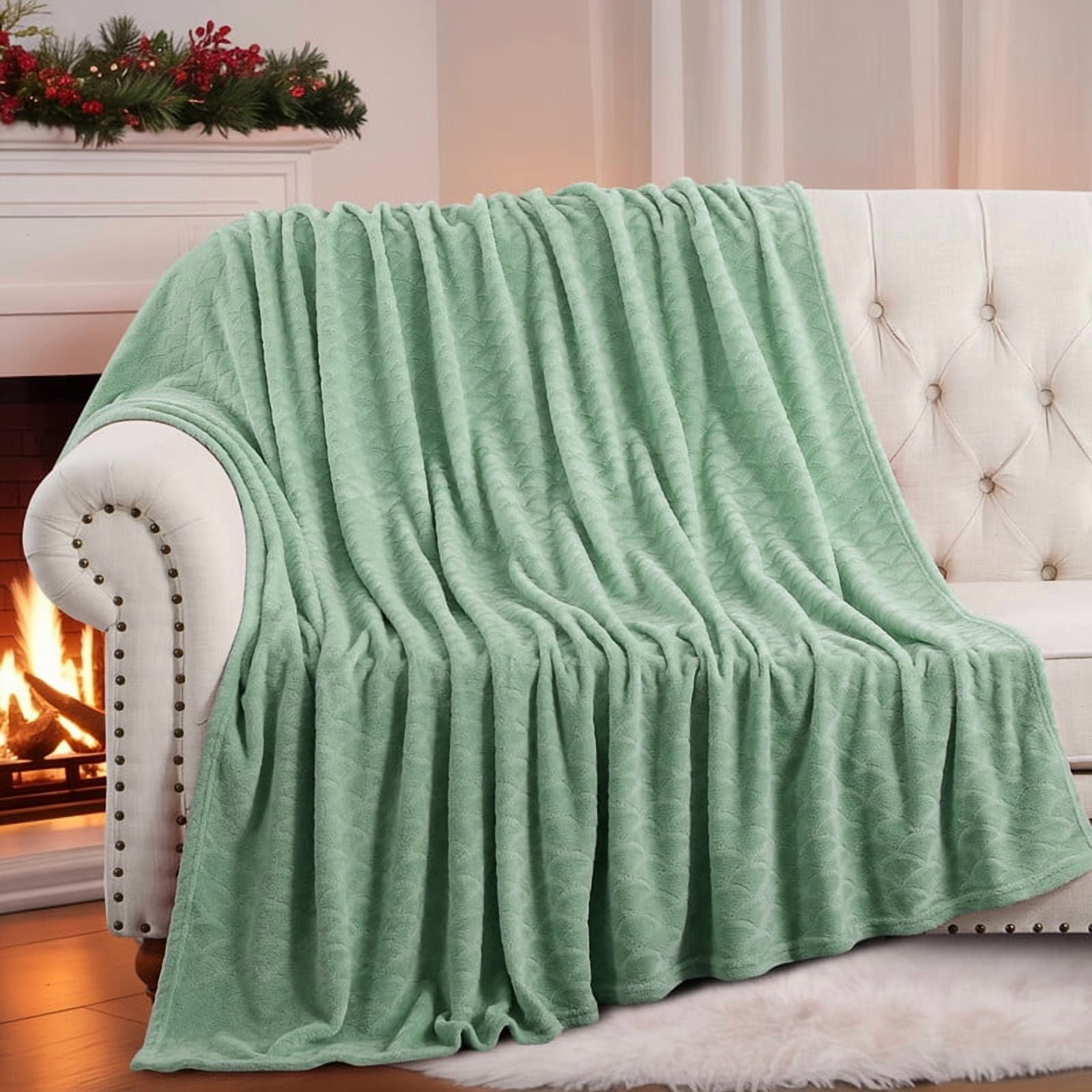 Aisbo Brushed Flannel Blanket Winter Green Queen, Super Soft and Cozy Blankets All Season Use