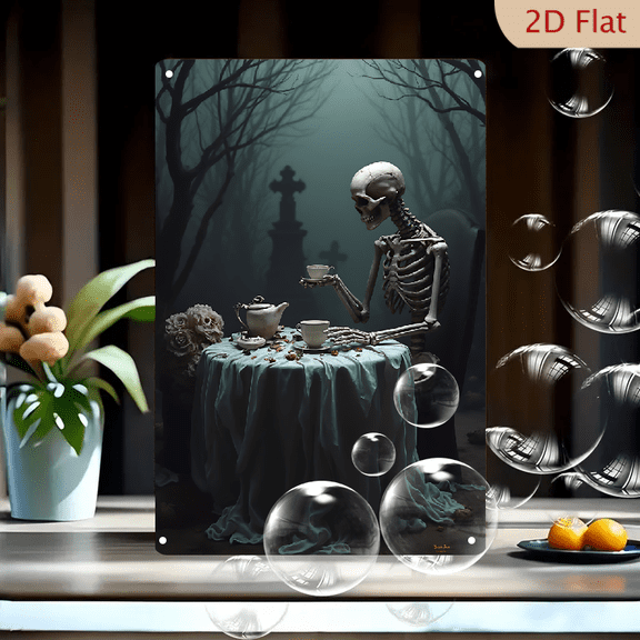 1pc Metal Wall Sign, 8x12 Inches, Creepy Skeleton Tea Party Decorative Sign, Perfect for Halloween, Spooky Decor for Home, Cafe, Bar, Garage, Garden, Unique Holiday Decorations