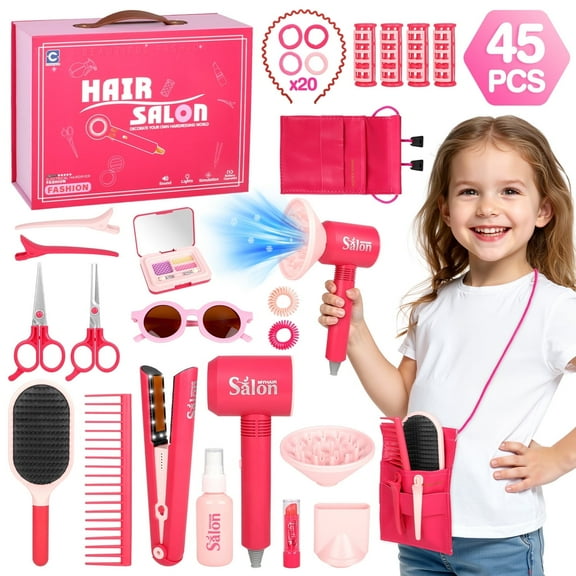 Freecat 45PCS Hair Salon Toys for Girls 3-6-8-12 Years, Pink Makeup Stylist Kit with Hair Dryer, Flat Iron (Light-Up), Mirror Case, and More, Girl Makeup Beauty Gifts​ for Birthday Christmas.