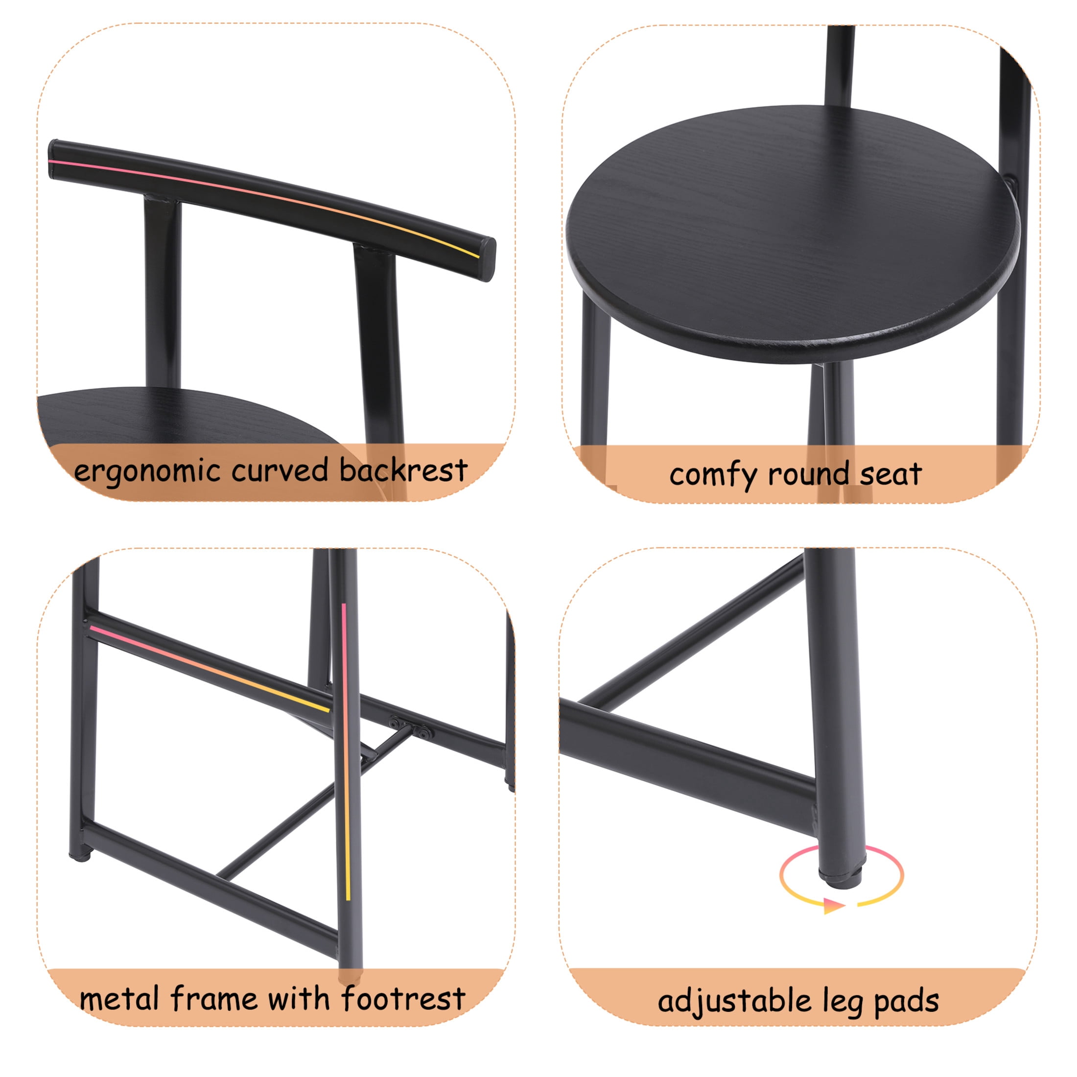 Noble House 34.25" Counter Height Bar Stools Set of 3 with Backrest & Footrest, Metal Frame, Black