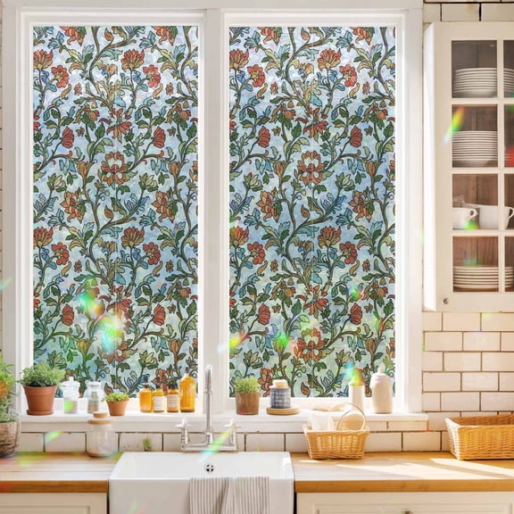 Watercolor Retro Flower Leaves Window Privacy Film,Decorative Windows Static Cling Bohemia Floral Plant Heat Control Removable Glass Sticker for Home Bathroom Bedroom Window Door,17.7x39.3in