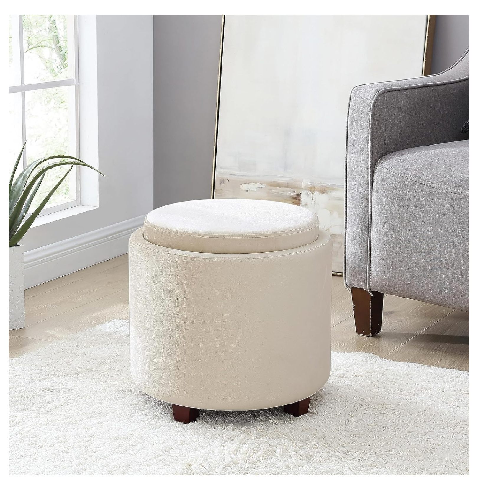 BULYAXIA Lawrence Round Storage Ottoman with Lift Off Lid and Tray Lid Coffee Table, Ottoman with Storage for Living Room, Bedroom and Office, Velvet Cream - image 3 of 7