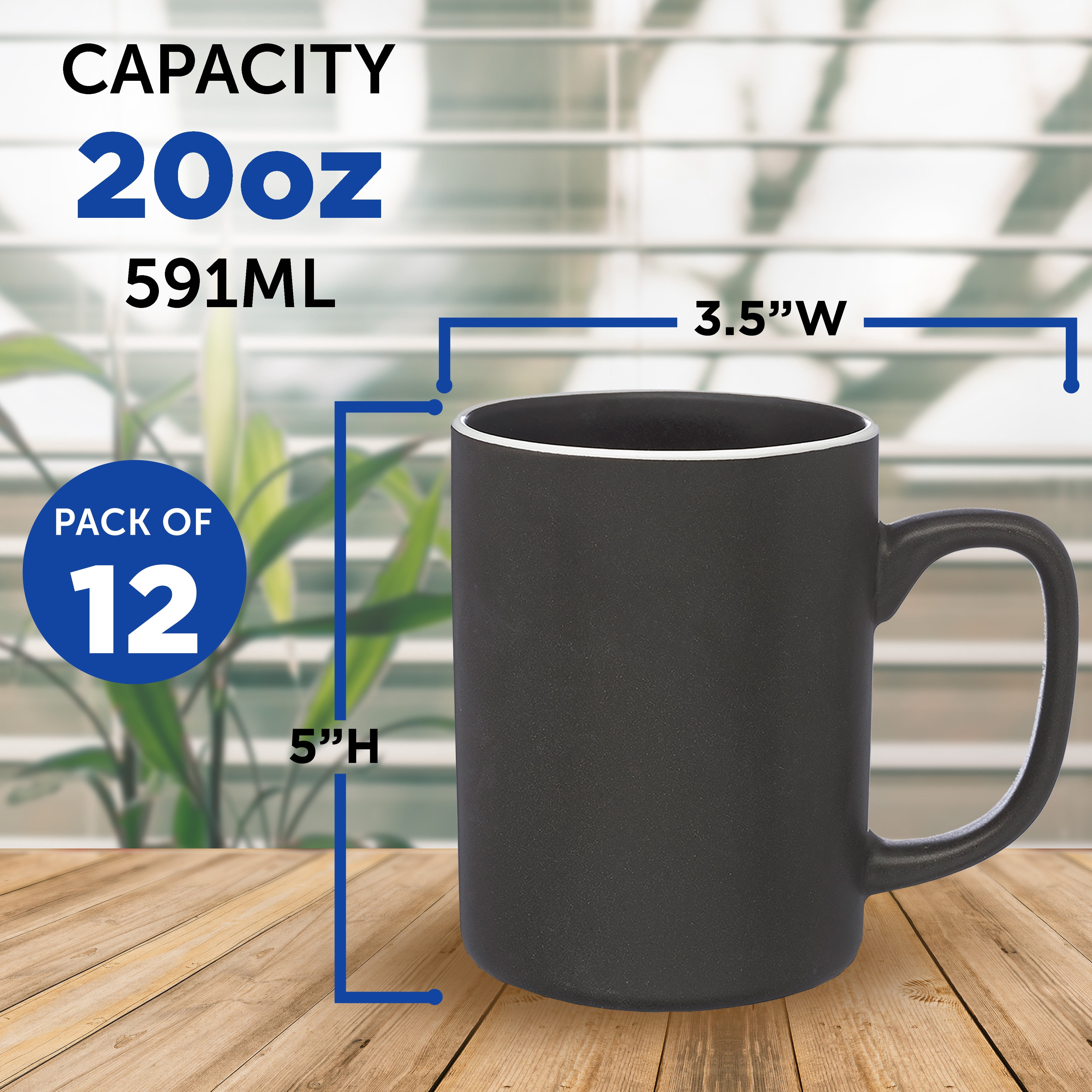 El Grande Matte Ceramic Mugs 20 oz. Set of 12, Bulk Pack - Perfect for Tea, Espresso, Cappuccino, Hot Cocoa - Charcoal