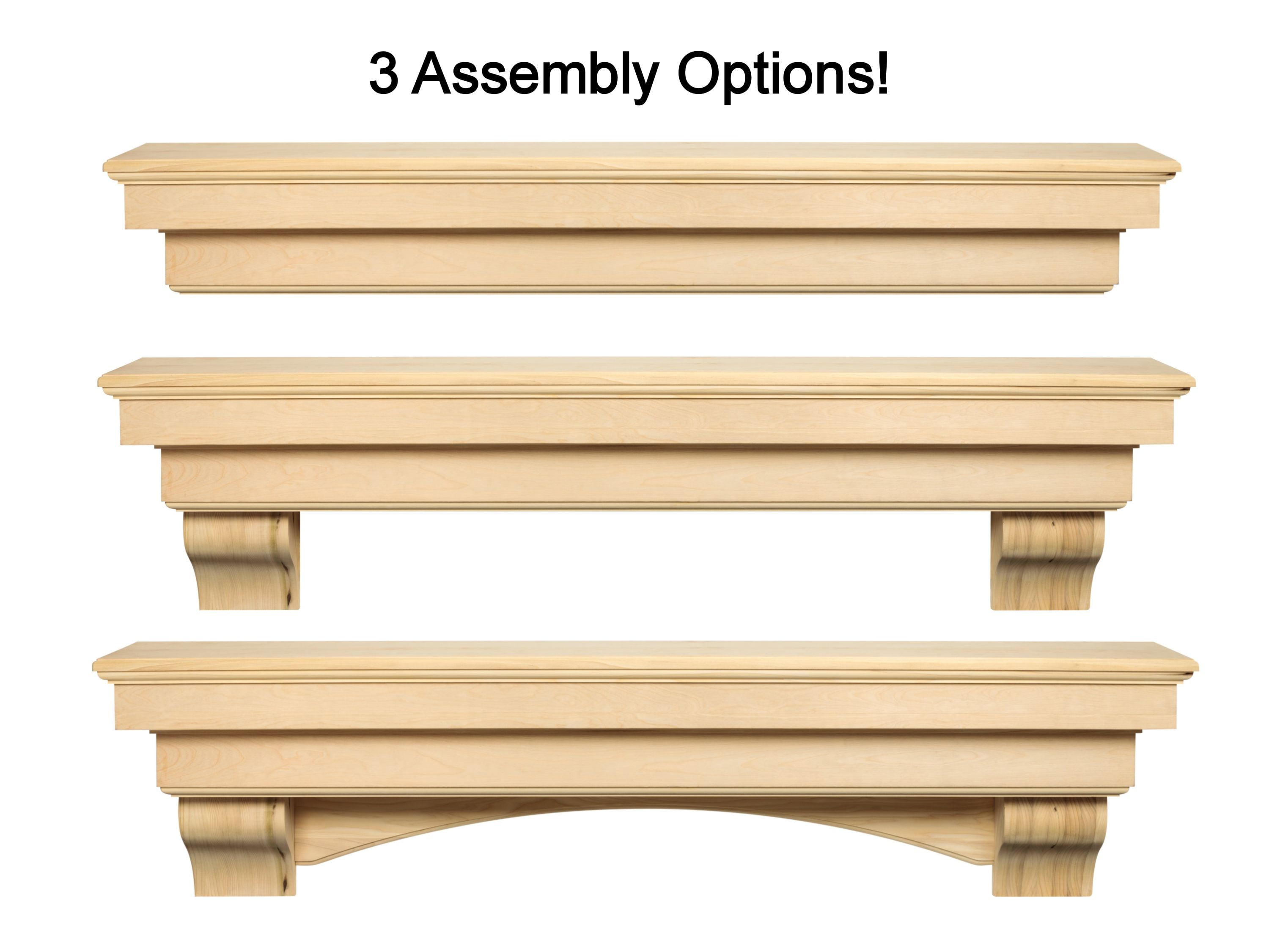 Pearl Mantels Auburn Versatile Premium Wood Mantel Shelf, Unfinished, Paint And Stain Grade, 60"L & 10"D, Hang Alone, With Corbels Or With Corbels And Arch (Included)