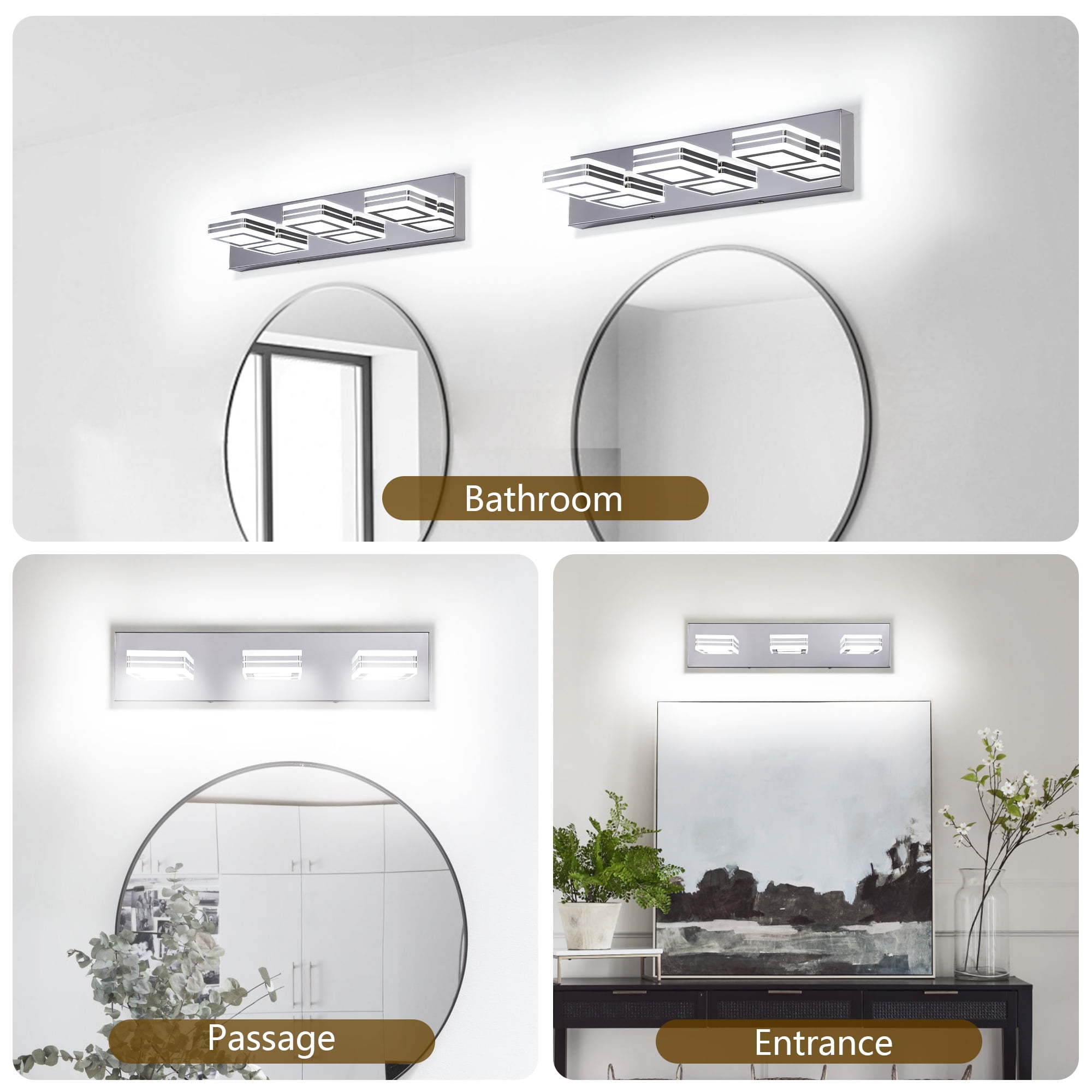 Jopath Modern Dimmable Vanity Lights for Bathroom, LED 3-Light Square Acrylic Lampshades Wall Mount Fixture for Bathroom Vanity Mirror