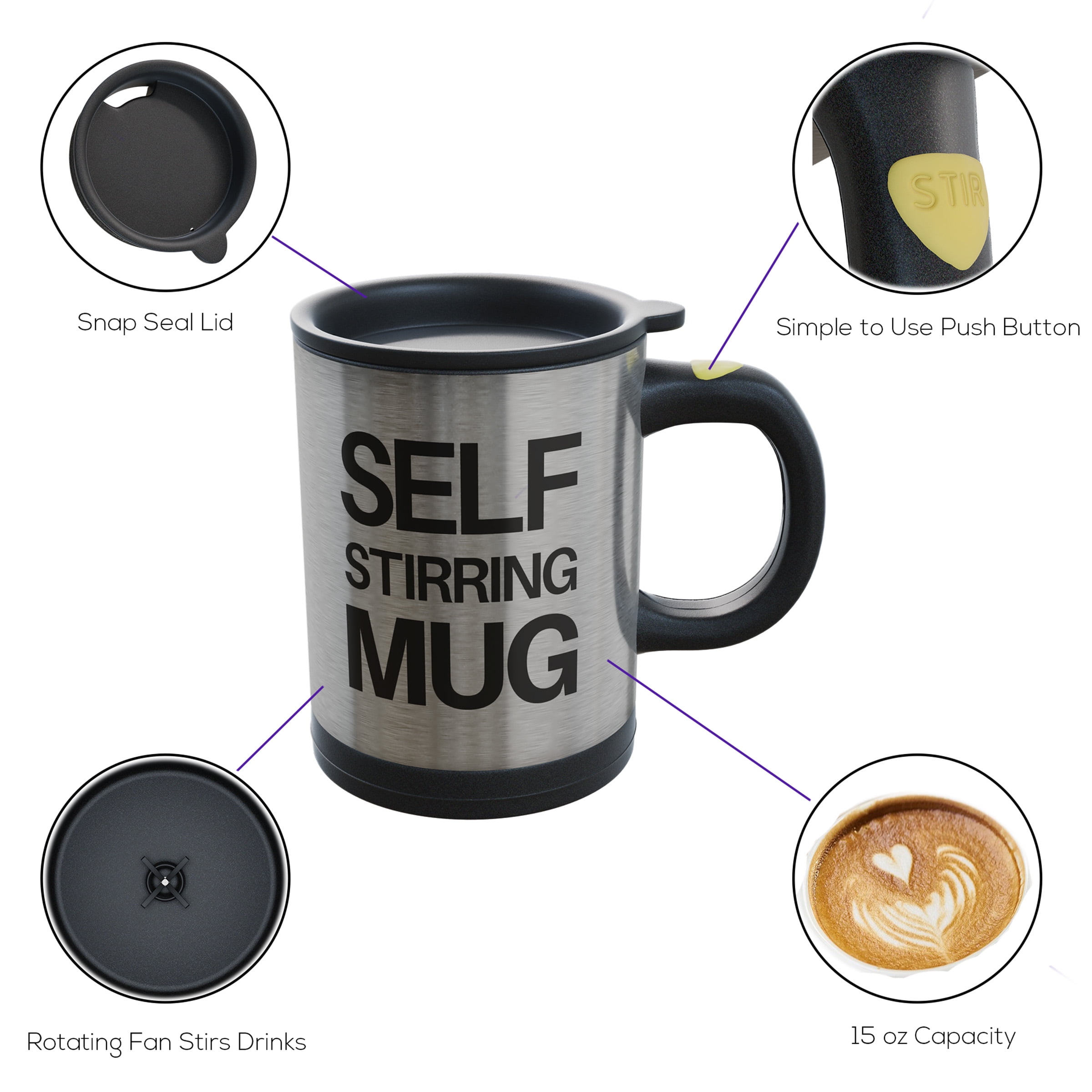 Self Stirring Mug- Reusable Auto Mixing Cup with Travel Lid for Protein  Mix, Bulletproof Coffee, Chocolate Milk, Hot Cocoa by Chef Buddy, 15 ozChef