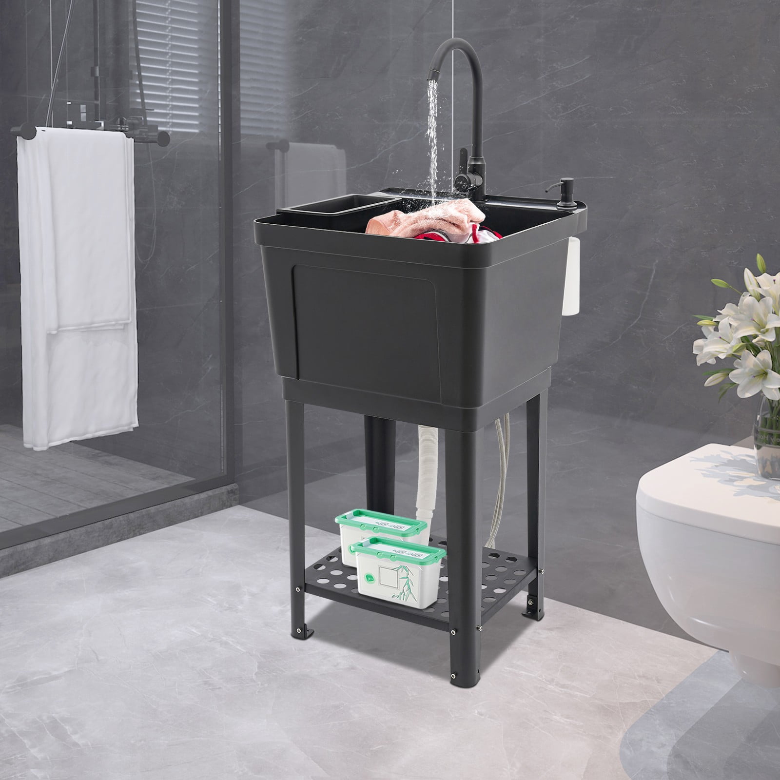 Utility Sink, Freestanding Sink with Storage Shelf with Pull-out Faucet