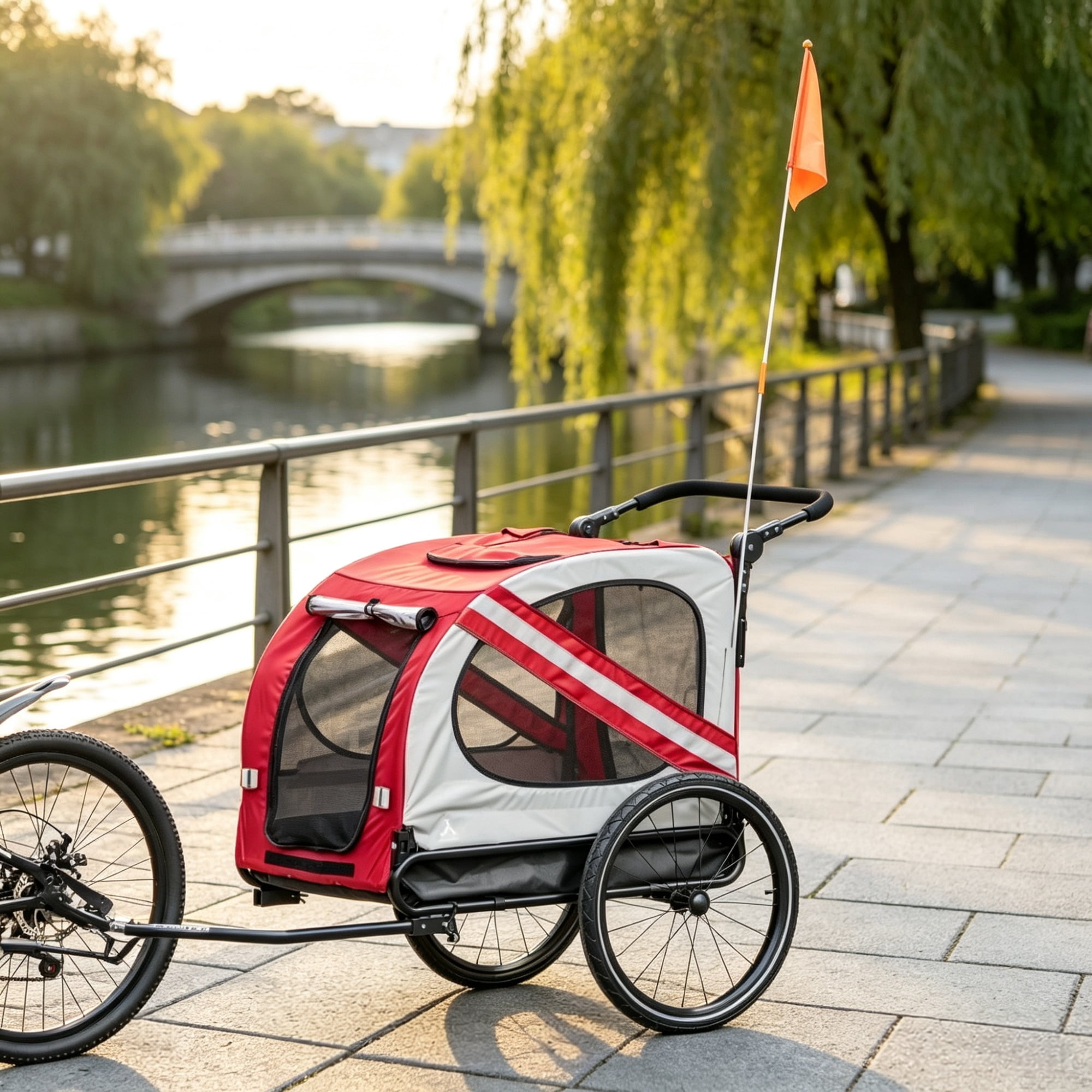 2-in-1 Red Dog Bicycle Trailer, Road-Visibility Reflectors, Weather-Strong Cover, as Pet Outdoor Travel Essential for Hiking Routes