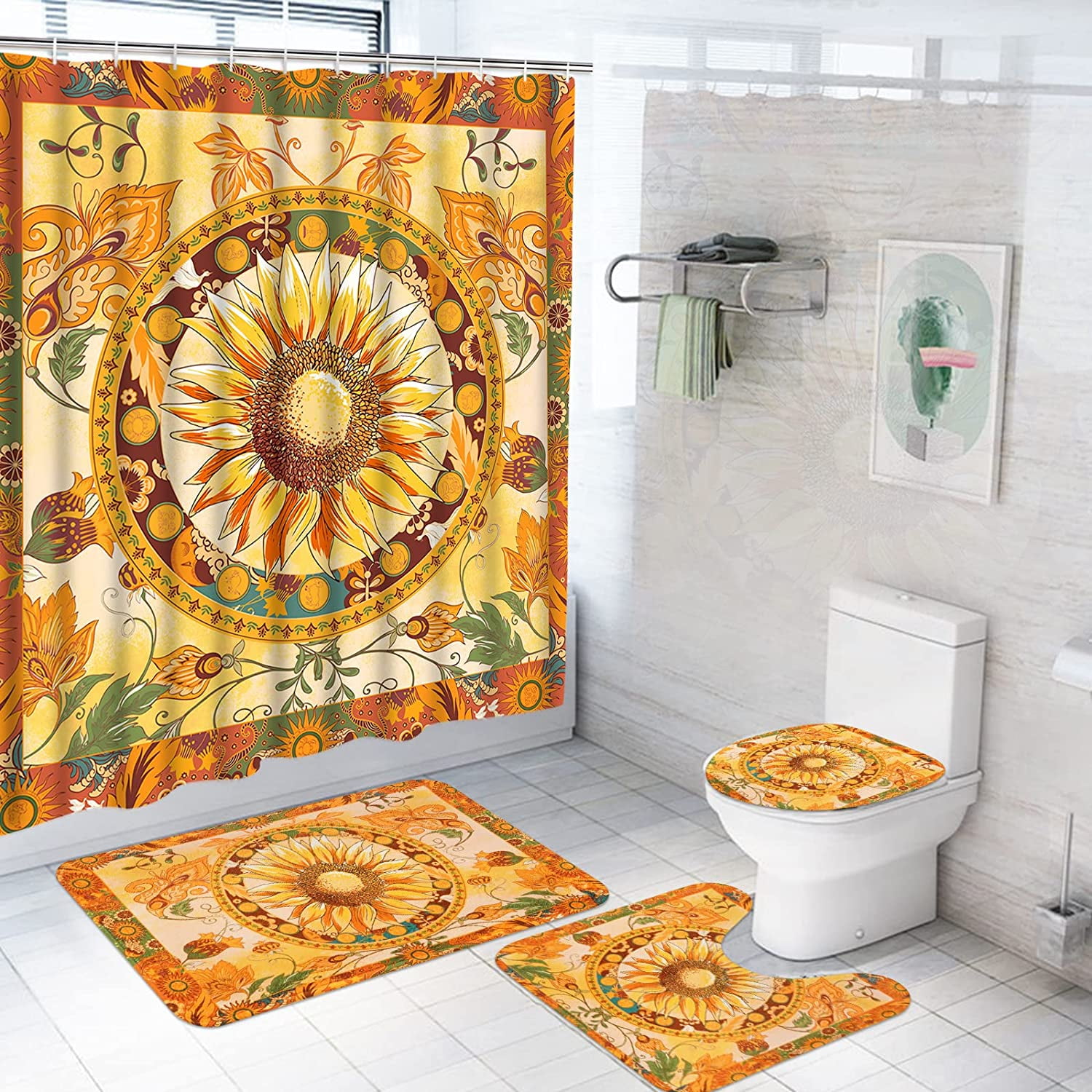 Aoselan Boho Sunflower Shower Curtain Aesthetic Yellow Floral Shower