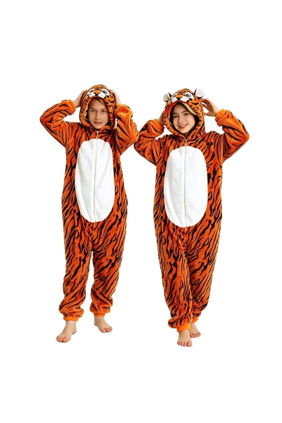 Kids Plush Hooded Jumpsuit Tiger Long Sleeve Jumpsuit Plush Dress Up Wear Fall Winter Clothes for Boys Girls
