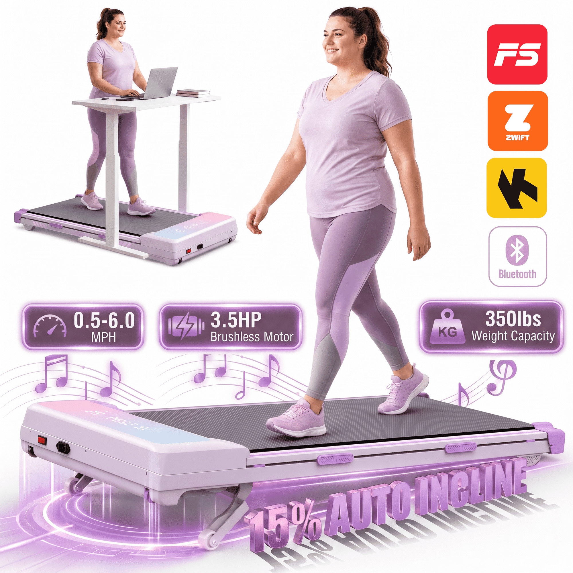 FYC Walking Pad Treadmill with 15% Auto Incline, 350 lbs Capacity 3.5HP Ultra Quiet Brushless Motor, 0.5-6MPH Speed, Bluetooth Speaker & APP, Under Desk Treadmill for Home Office Hiking